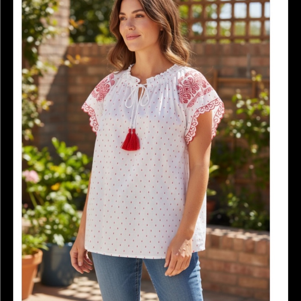 NWT Talbots Pretty White Red Dot Embroidered Bojo Eyelet Sleeve Lined Blouse L